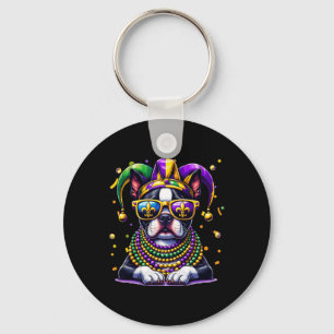 Funny Mardi Gras Bead Boston Terrier Dog Festival Keychain