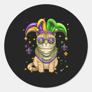 Funny mardi gras bead cat festival carnival classic round sticker