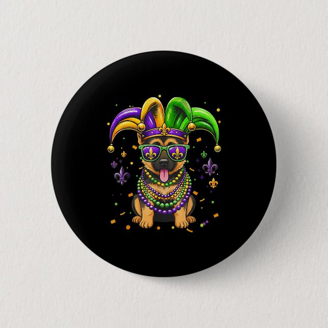 Funny mardi gras bead german shepherd dog festival 2 inch round button (Front)