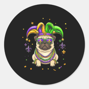 Funny mardi gras bead pug festival carnival dogFun Classic Round Sticker
