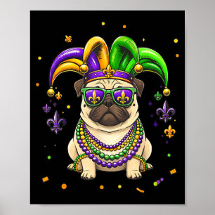 Funny mardi gras bead pug festival carnival dogFun Poster