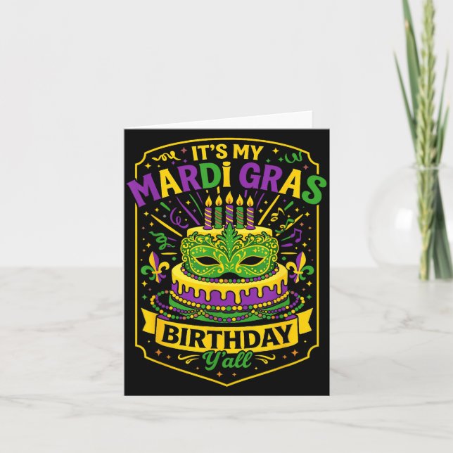 Funny Mardi Gras Birthday Y’all Cake Carnival Cele Card (Front)