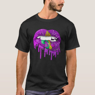 Funny Mardi Gras Carnival Purple Gold Lips Dripped T-Shirt