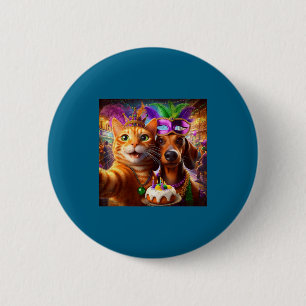 Funny Mardi Gras Cat Dachshund Selfie Squad  2 Inch Round Button