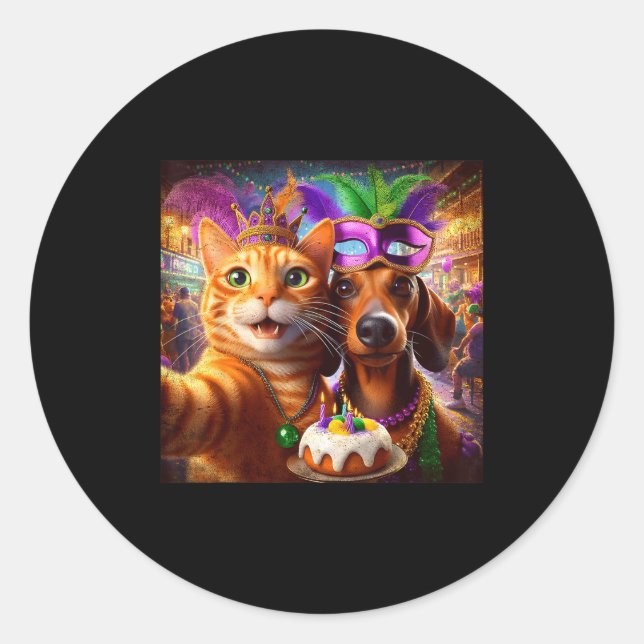 Funny Mardi Gras Cat Dachshund Selfie Squad  Classic Round Sticker (Front)