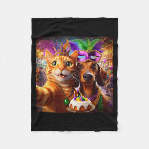 Funny Mardi Gras Cat Dachshund Selfie Squad  Fleece Blanket