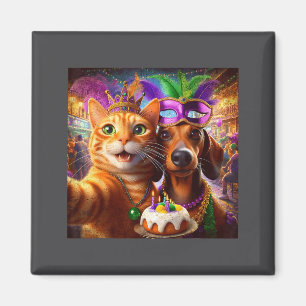 Funny Mardi Gras Cat Dachshund Selfie Squad Magnet