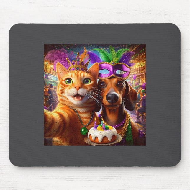 Funny Mardi Gras Cat Dachshund Selfie Squad  Mouse Pad (Front)