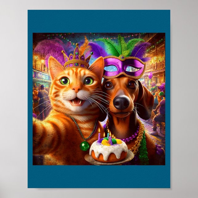 Funny Mardi Gras Cat Dachshund Selfie Squad  Poster (Front)