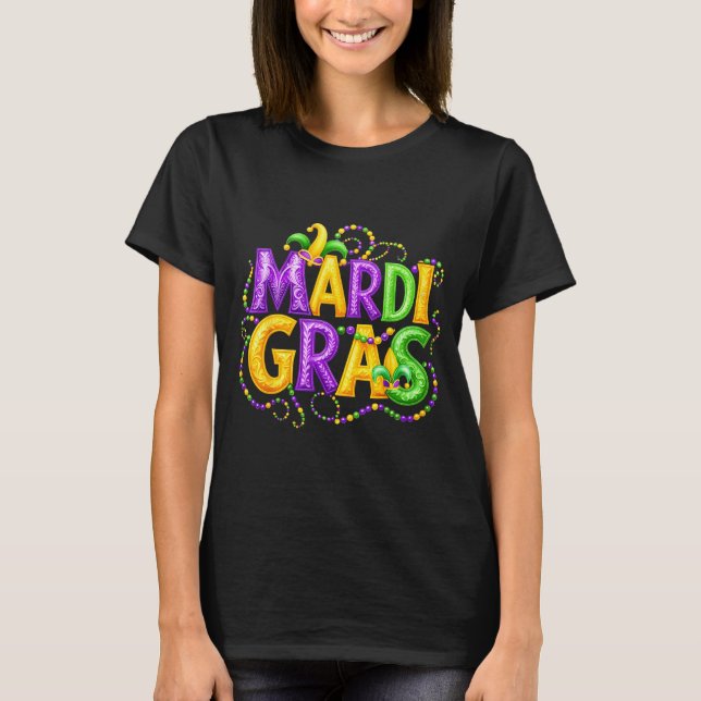 Funny Mardi Gras Parade Jester Hat Beads Men Women T-Shirt (Front)