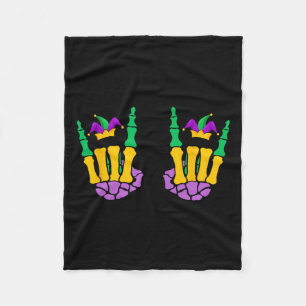 Funny Mardi Gras Skeleton Hands Rock On Devil Horn Fleece Blanket