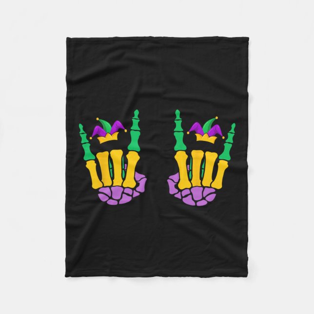 Funny Mardi Gras Skeleton Hands Rock On Devil Horn Fleece Blanket (Front)