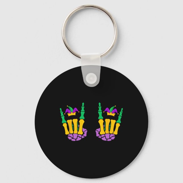 Funny Mardi Gras Skeleton Hands Rock On Devil Horn Keychain (Front)