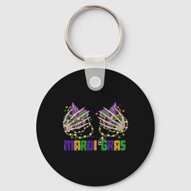 Funny Mardi Gras Skeleton Hands With Beads And Fle Keychain (Front)