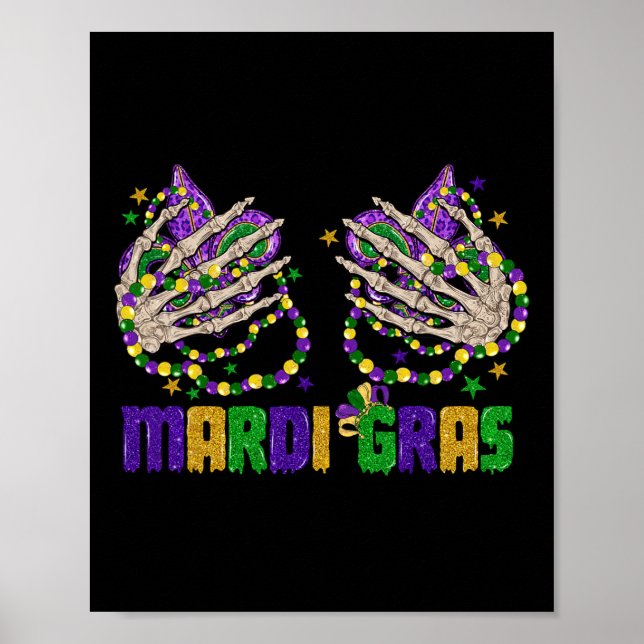 Funny Mardi Gras Skeleton Hands With Beads And Fle Poster (Front)