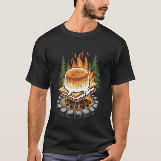 Funny Marshmallows Running from Campfire T-Shirt (Front)