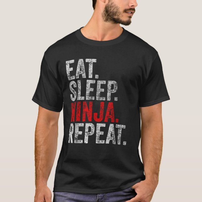 Funny Martial Ninja Costume Eat Sleep Ninja Repeat T-Shirt (Front)