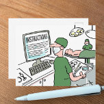 Funny Medical Card - Surgeon Checks Instructions<br><div class="desc">Funny medical cartoon card. Surgeon is about to conduct an operation in an operating theater and is checking the instructions online. Medical humor.</div>