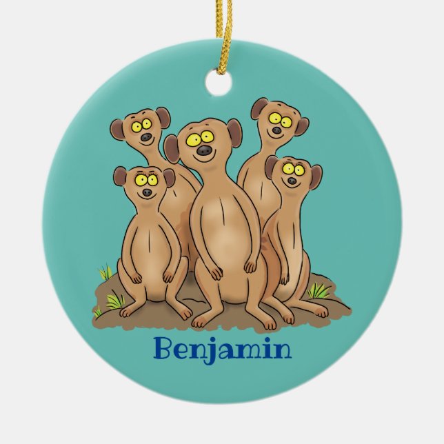 Funny meerkat family cartoon illustration ceramic ornament (Front)
