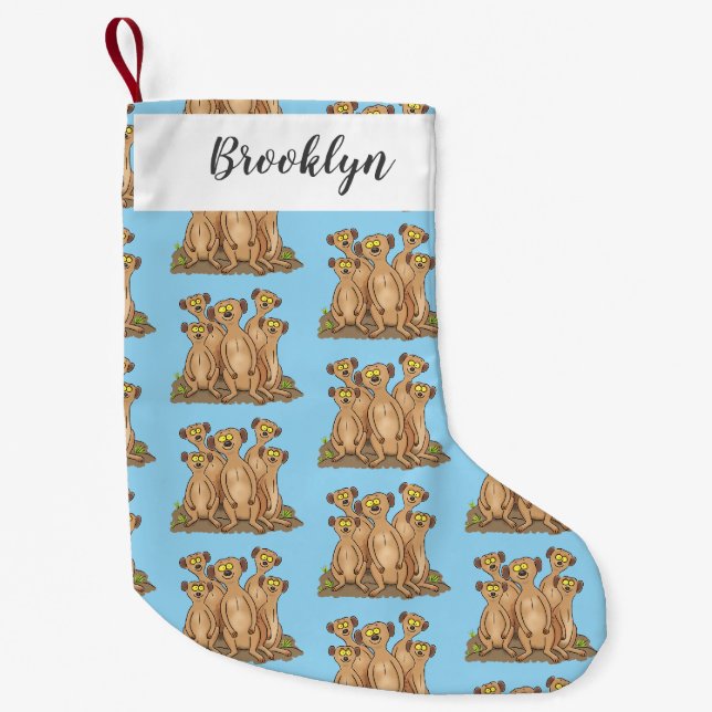Funny meerkat family cartoon illustration small christmas stocking (Front)