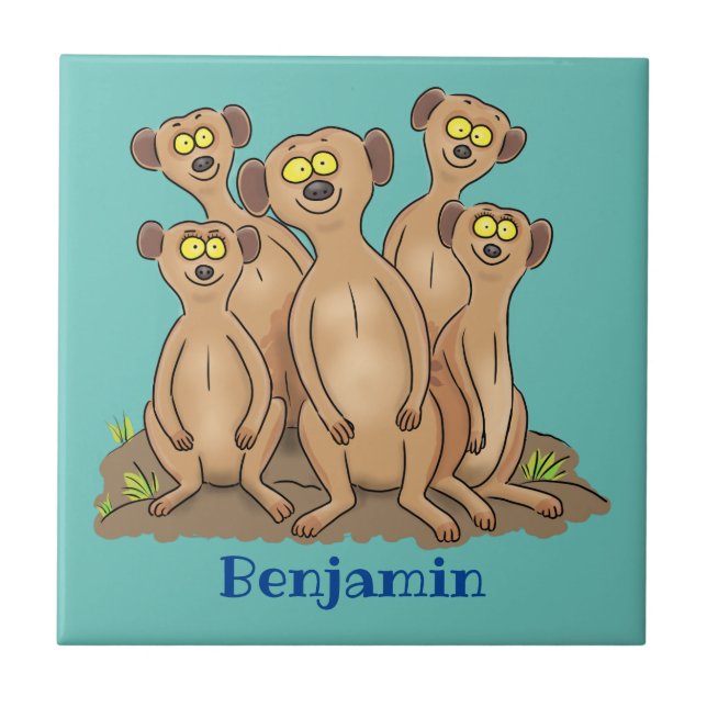 Funny meerkat family cartoon illustration tile (Front)