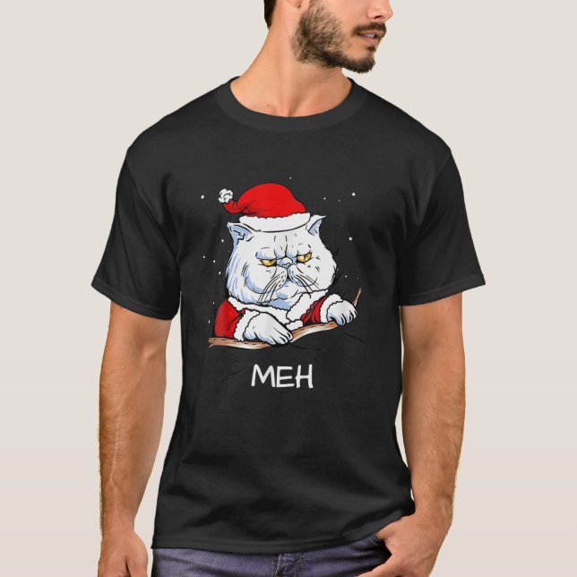 Funny Meh Cat With Santa Hat Cat Lovers Cat Santa T-Shirt (Front)