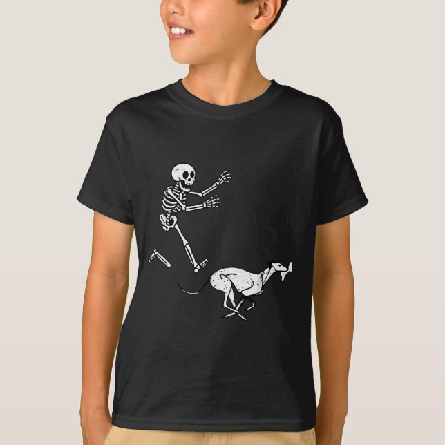 Funny Meme Greyhound Running Skeleton Halloween  T-Shirt (Front)