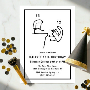 Funny Meme Humour Simple Black White 13th Birthday Invitation