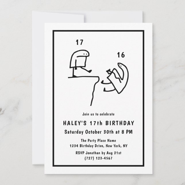 Funny Meme Humour Simple Black White 17th Birthday Invitation (Front)