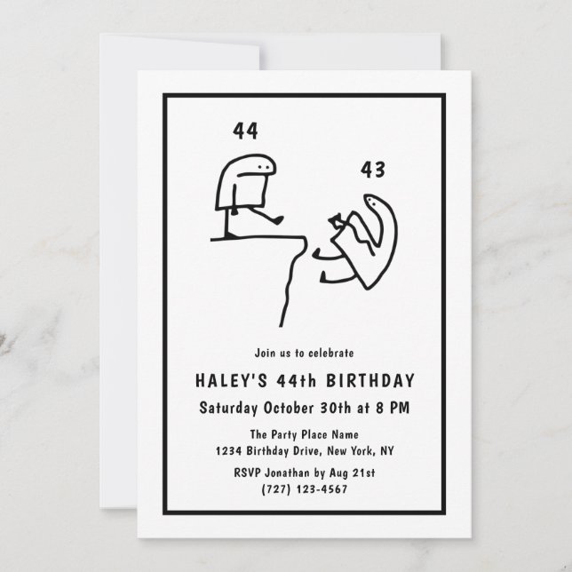 Funny Meme Humour Simple Black White 44th Birthday Invitation (Front)