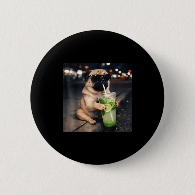 Funny meme pug drinking mojito lime mint  2 inch round button (Front)