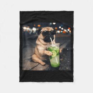Funny meme pug drinking mojito lime mint  fleece blanket