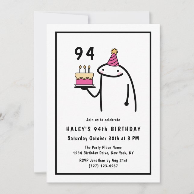 Funny Meme Simple Black & White 94th Birthday Invitation (Front)