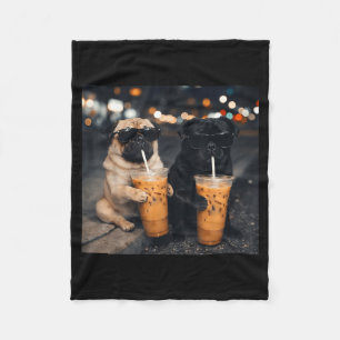 Funny meme two pugs drinking iced coffee  fleece blanket