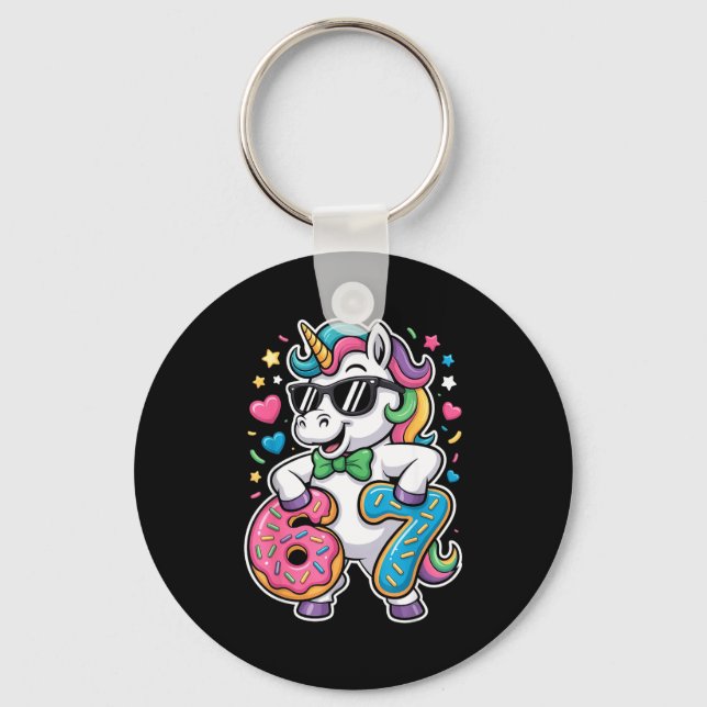 Funny Meme Unicorn Girls Kids Six Seven 6-7 Brainr Keychain (Front)