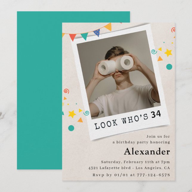 Funny Men 34th birthday invitations Fun Photo (Front/Back)