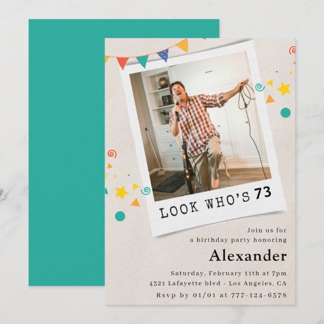 Funny Men 73rd birthday invitations Fun Photo (Front/Back)