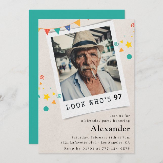 Funny Men 97th birthday invitations Fun Photo (Front/Back)