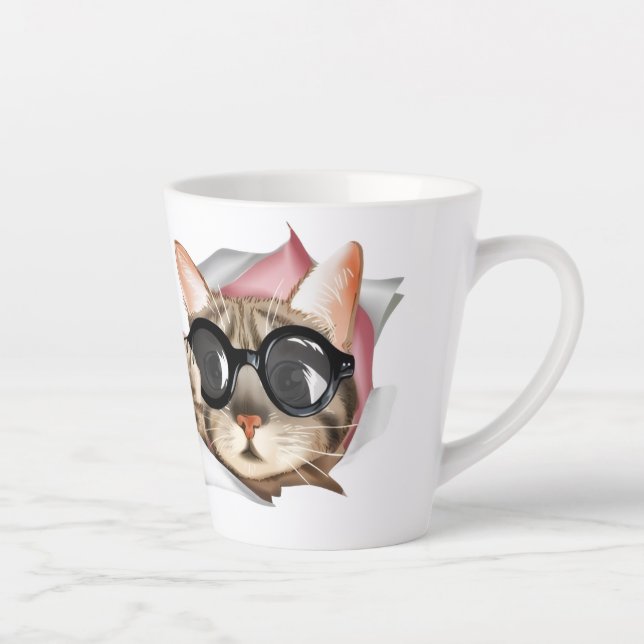 Funny “Meow” Cat with Glasses Design Latte Mug (Right)