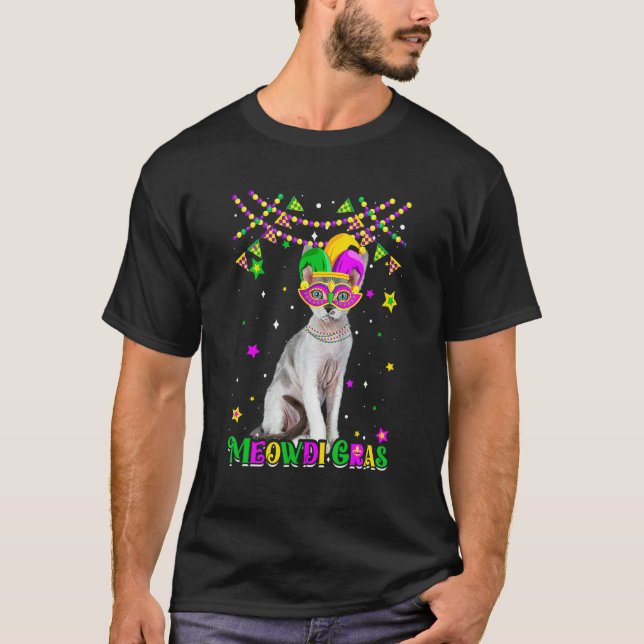 Funny Meowdi Gras Devon Rex Cat Mardi Gras Carniva T-Shirt (Front)