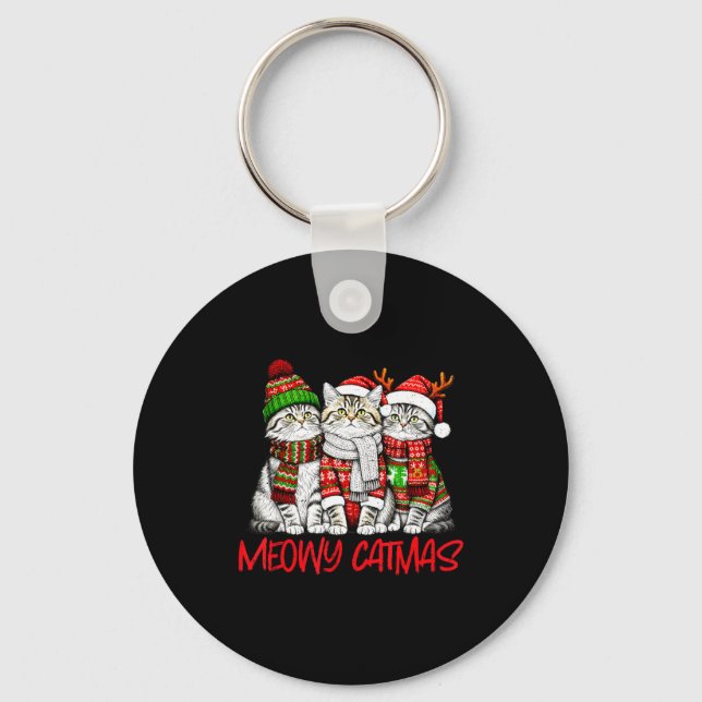 Funny Meowy Catmas Christmas Cats Ugly Sweater Gra Keychain (Front)