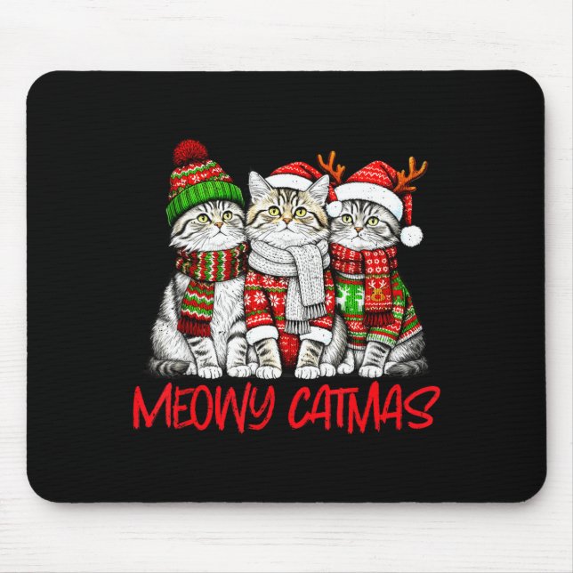 Funny Meowy Catmas Christmas Cats Ugly Sweater Gra Mouse Pad (Front)