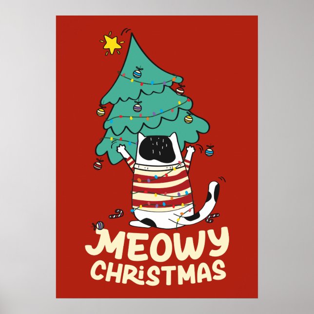 Funny Meowy Christmas Grumpy Tuxedo Cat Xmas Tree  Poster (Front)