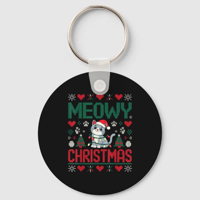 Funny Meowy Christmas Ugly Xmas Cute Lights Cat Sa Keychain (Front)