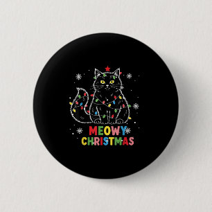Funny Meowy Christmas Xmas Lights Black Cat Pajama 2 Inch Round Button