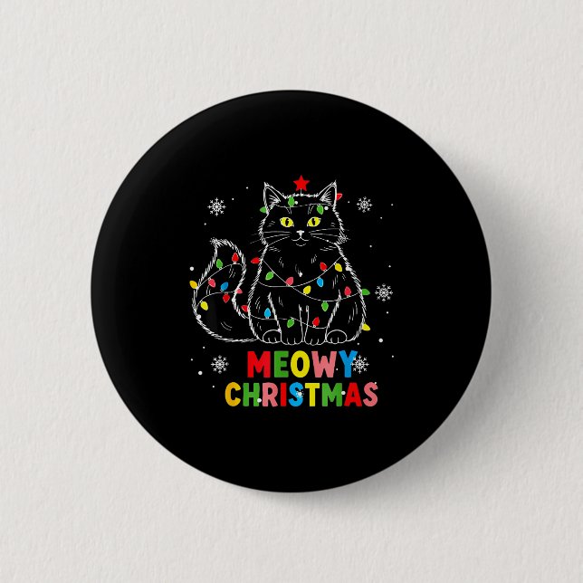 Funny Meowy Christmas Xmas Lights Black Cat Pajama 2 Inch Round Button (Front)