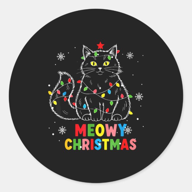 Funny Meowy Christmas Xmas Lights Black Cat Pajama Classic Round Sticker (Front)
