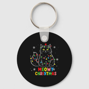 Funny Meowy Christmas Xmas Lights Black Cat Pajama Keychain