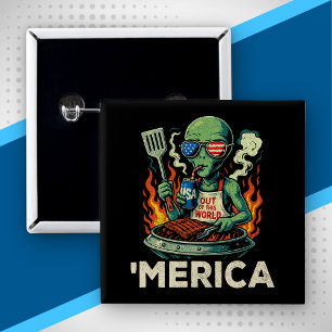 Funny ’Merica Alien BBQ Grilling Patriotic Retro 2 Inch Square Button