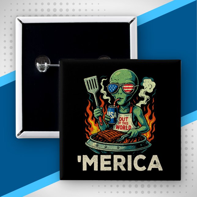 Funny ’Merica Alien BBQ Grilling Patriotic Retro 2 Inch Square Button (Creator Uploaded)
